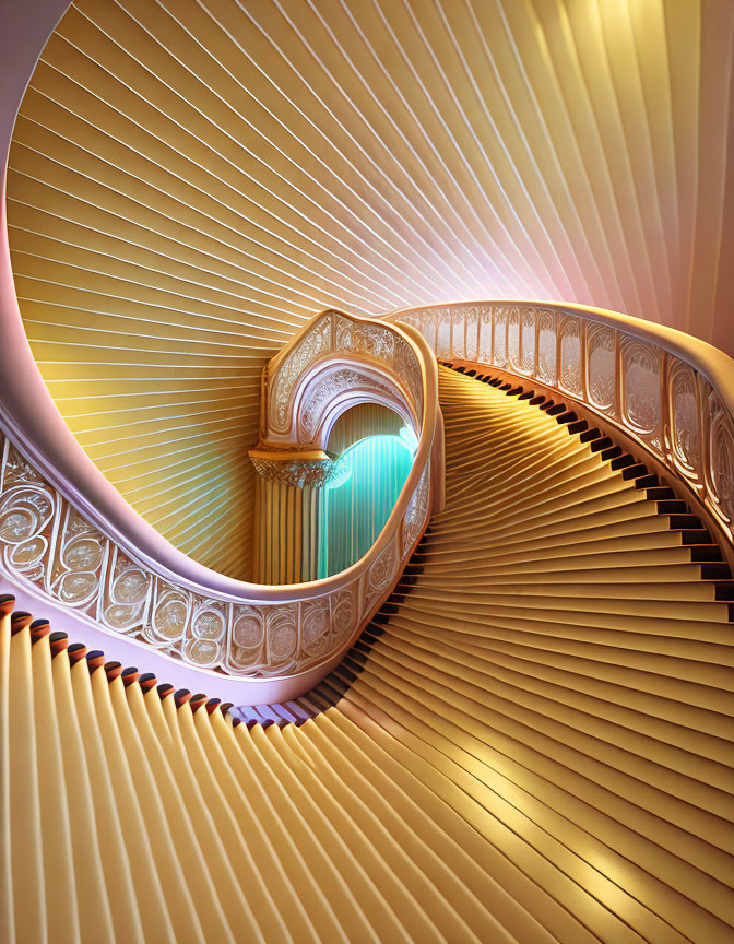 Ornate spiraling staircase illuminated by warm golden to cool teal light