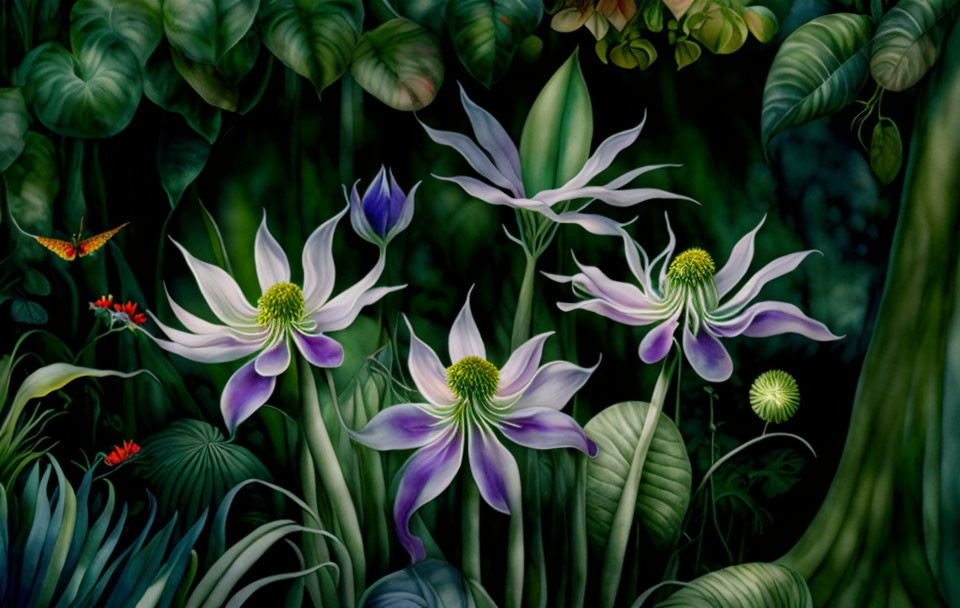 Lush Tropical Scene with Purple and White Passion Flowers