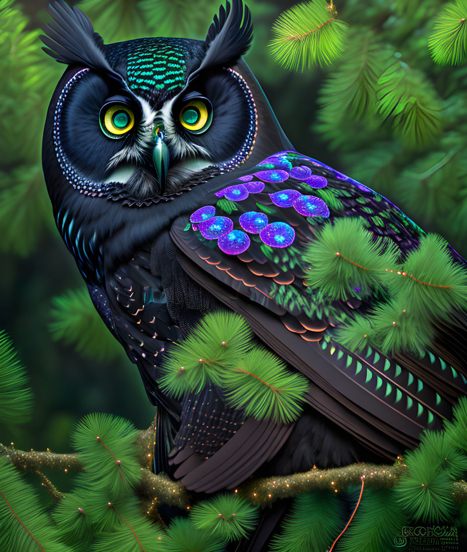 Fantasy owl illustration: vibrant blue feathers, intricate patterns, luminous eyes, on pine branch with