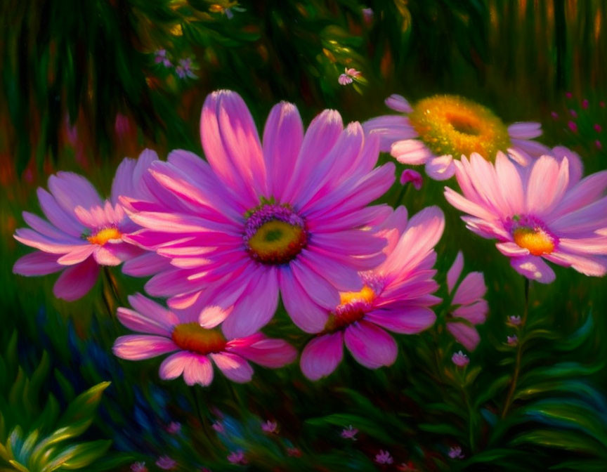 Pink daisies and green foliage in soft-focus garden scene