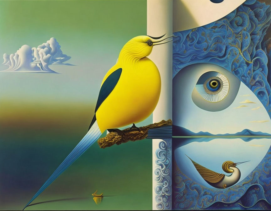 Surrealist painting: Yellow bird, ornate column, sailboat in eye