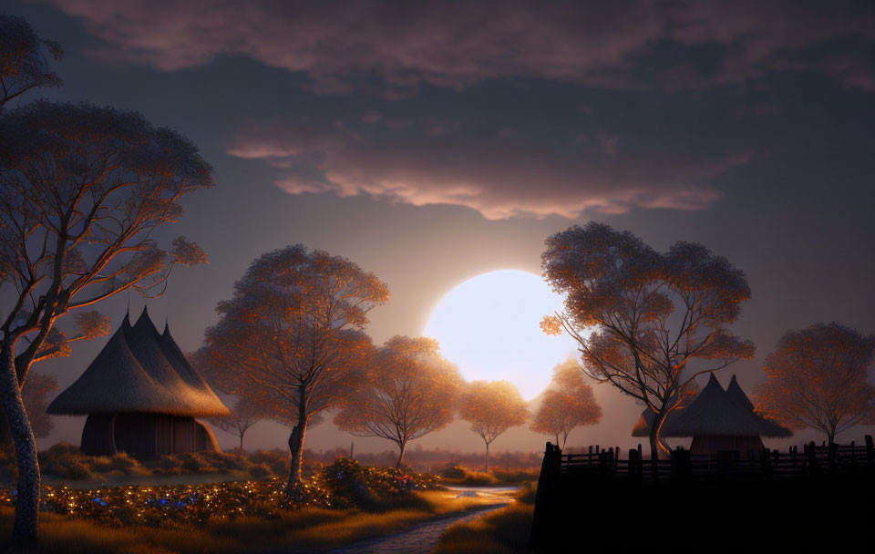 Tranquil dusk scene with setting sun, trees, cottages, and glowing flowers