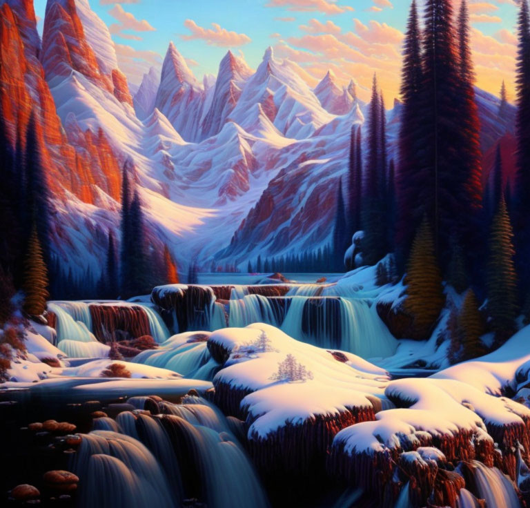 Scenic painting of river, waterfalls, mountains, forests & sky