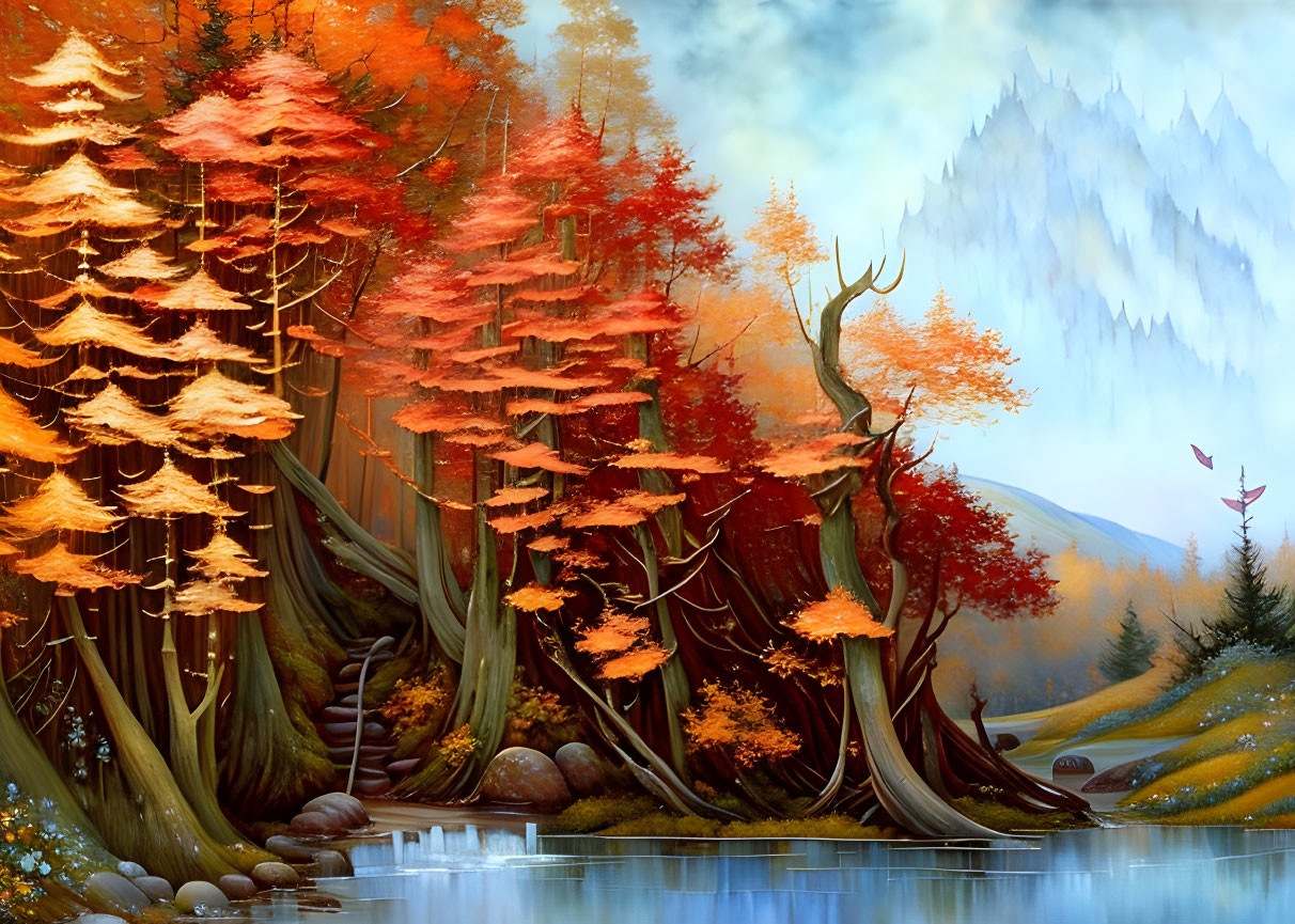 Vibrant orange trees in a misty autumn forest with a serene river and mountains