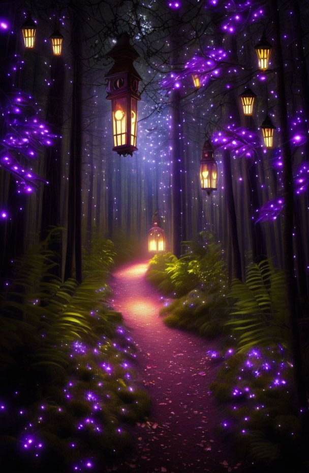 Enchanting forest path with glowing purple lights and lanterns