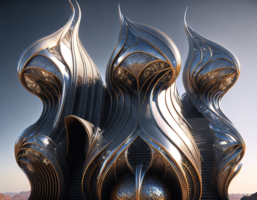 Intricate futuristic metallic structures in desert landscape