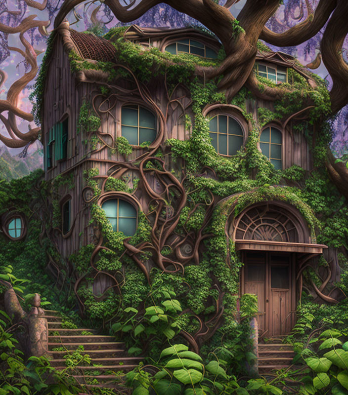 Enchanted forest treehouse with circular windows & thick vines