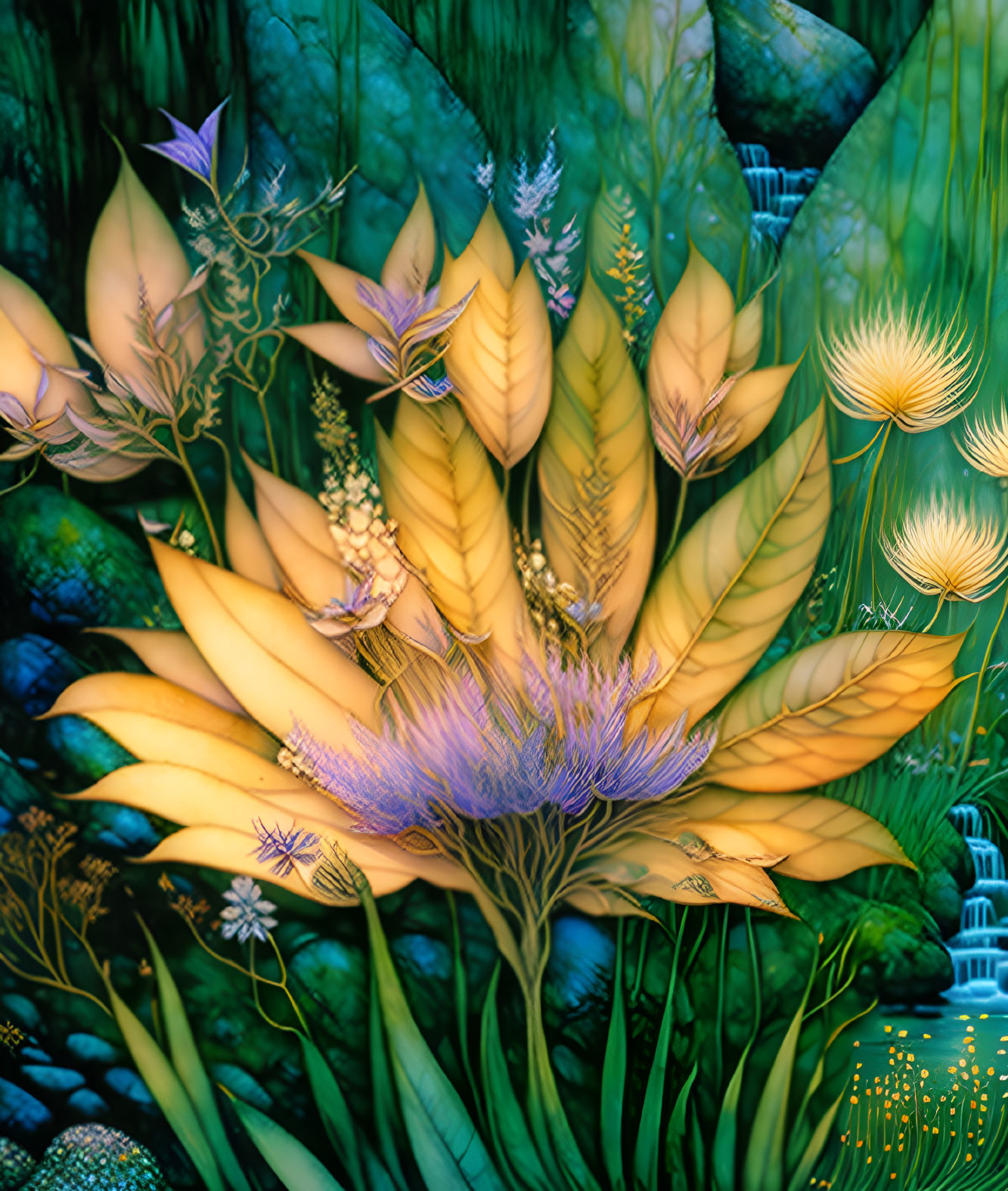 Fantastical Garden Digital Painting with Exotic Plants & Waterfall