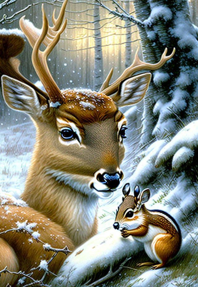 Majestic deer with large antlers and fawn in snowy forest landscape