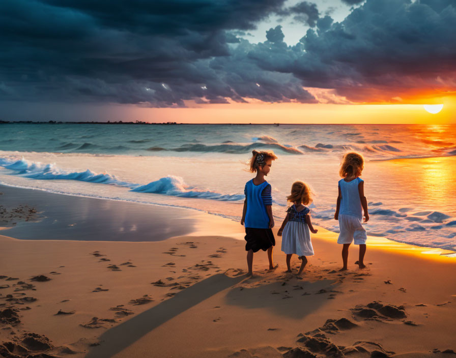 Children holding hands on beach at sunset with dramatic sky and crashing waves