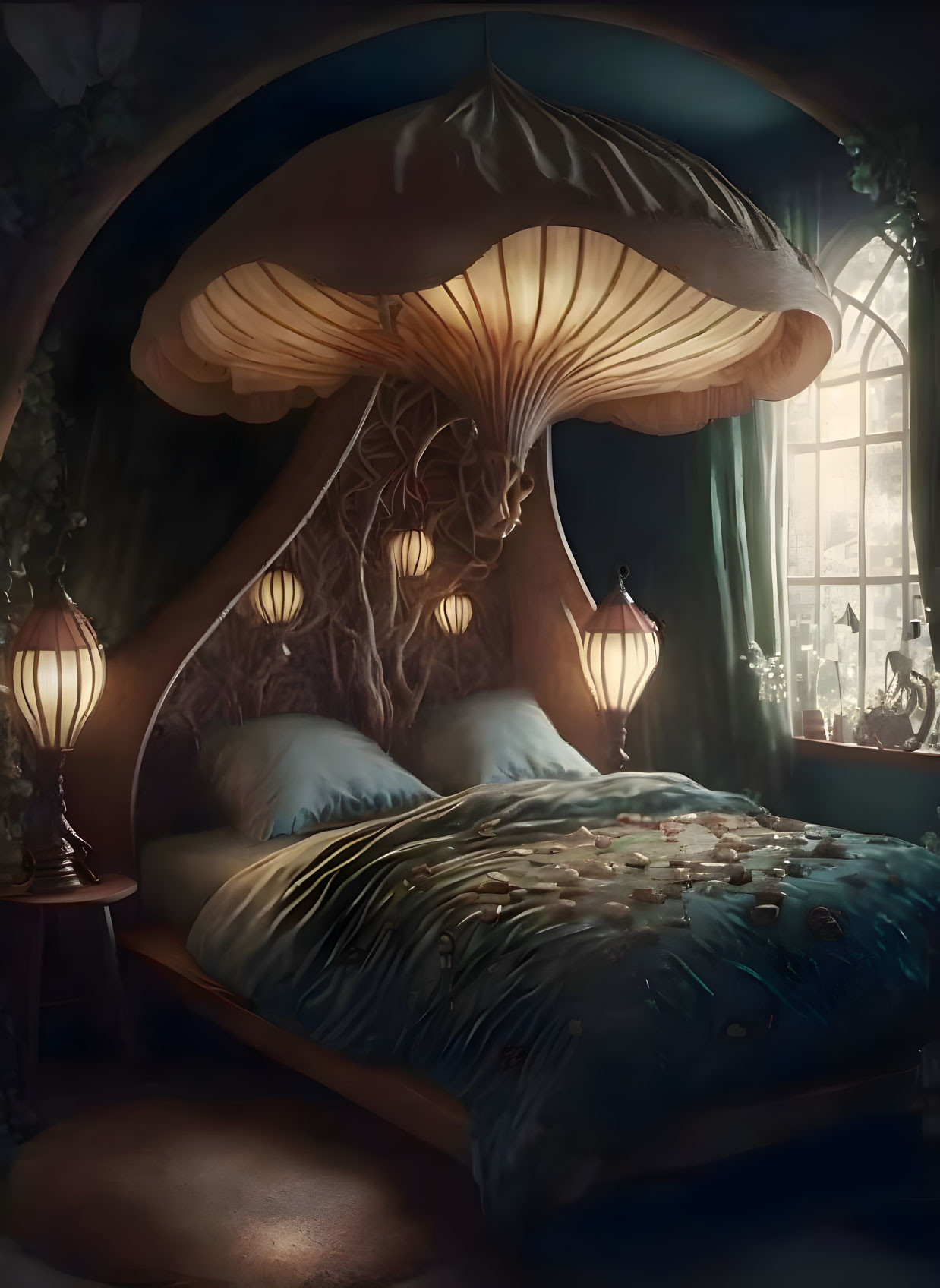 Whimsical bedroom with mushroom canopy bed, glowing lamps, petal bedding, night backdrop.