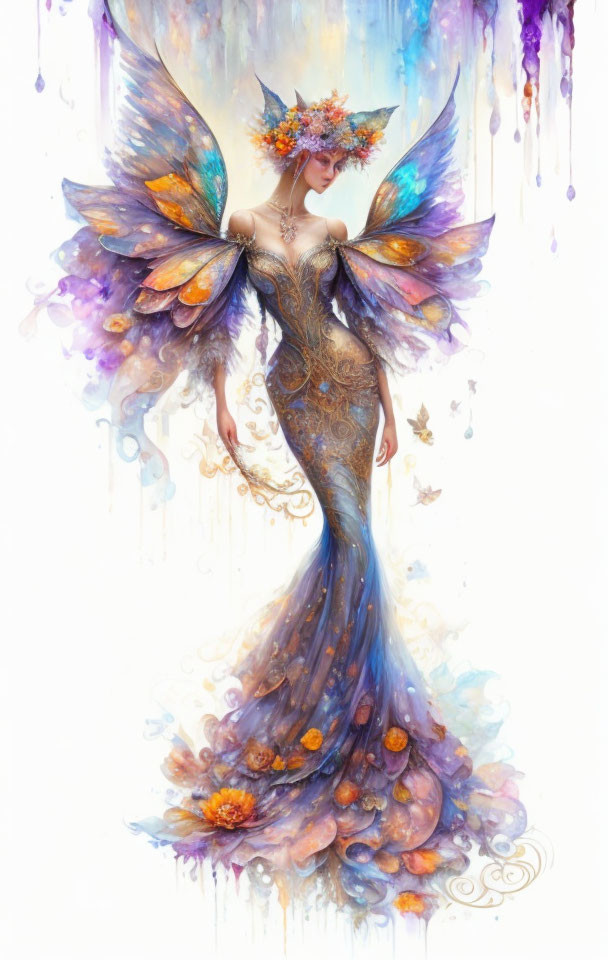 Colorful illustration of figure with butterfly wings and floral crown