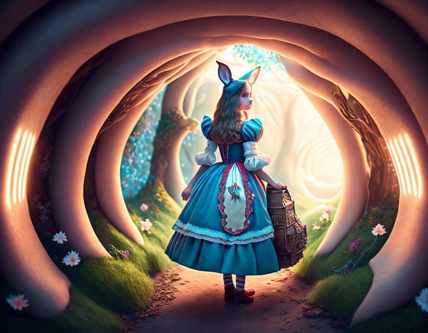 Whimsical Alice in Wonderland cosplay with fox head in tunnel landscape