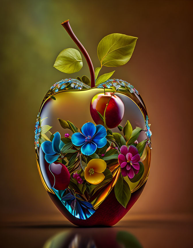 Stylized golden apple digital artwork with gemstone opening and colorful flowers on gradient background