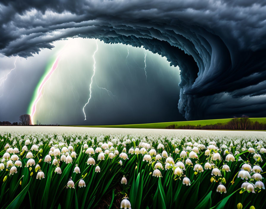 Stormy Sky Over White Bell Flowers Field