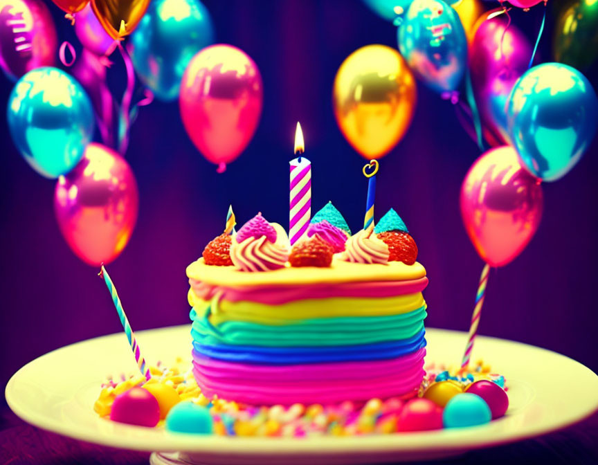 Vibrant birthday cake with lit candle, sprinkles, and balloons