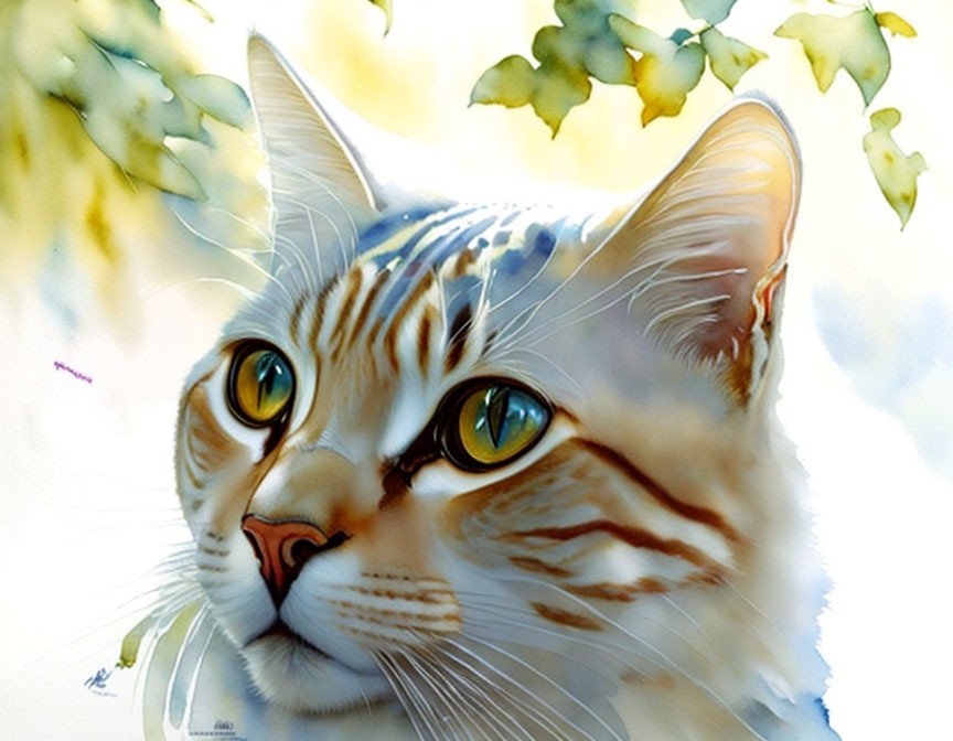 Tabby Cat Digital Painting with Striking Green Eyes and Green Leaves Background