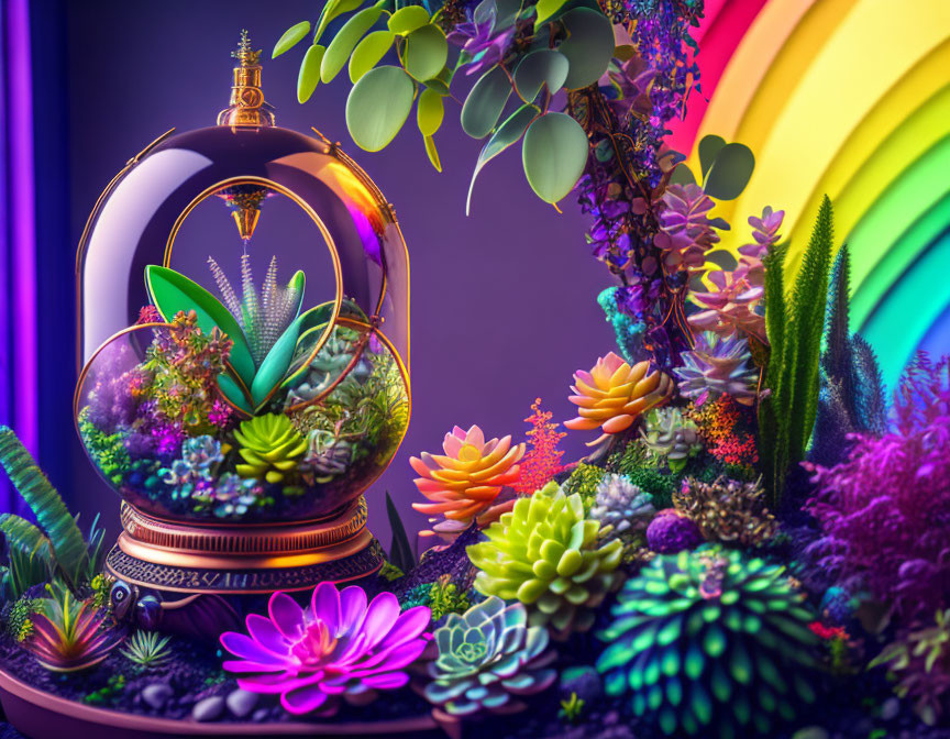 Colorful succulent terrarium under glass dome with rainbow background