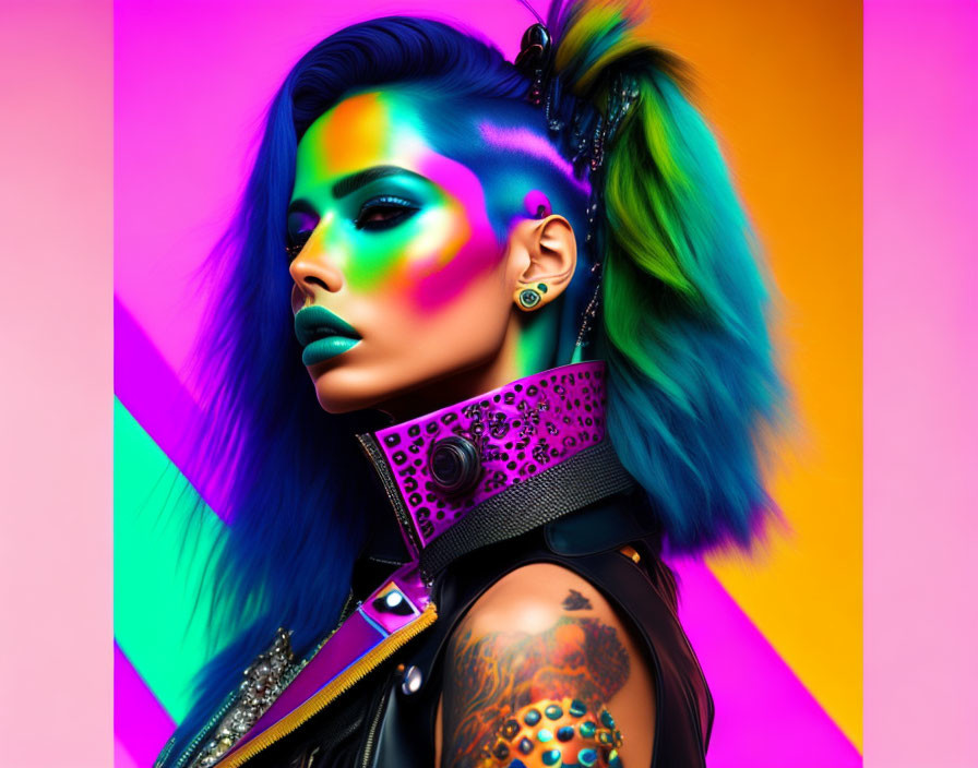 Colorful portrait of a person with blue hair, tattoos, and punk accessories