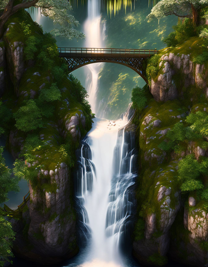 Tranquil waterfall in forested canyon with bridge and lush greenery