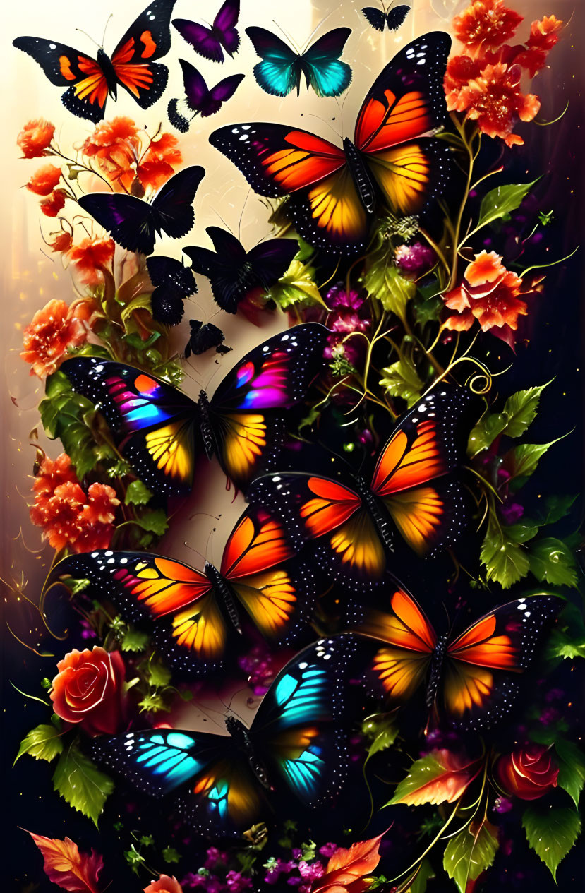 Colorful Butterfly Collection Among Red and Orange Flowers