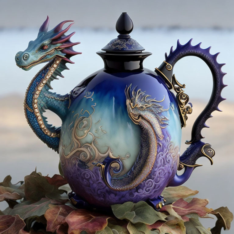 Dragon motif teapot with blue-purple gradient and gold detailing on soft background