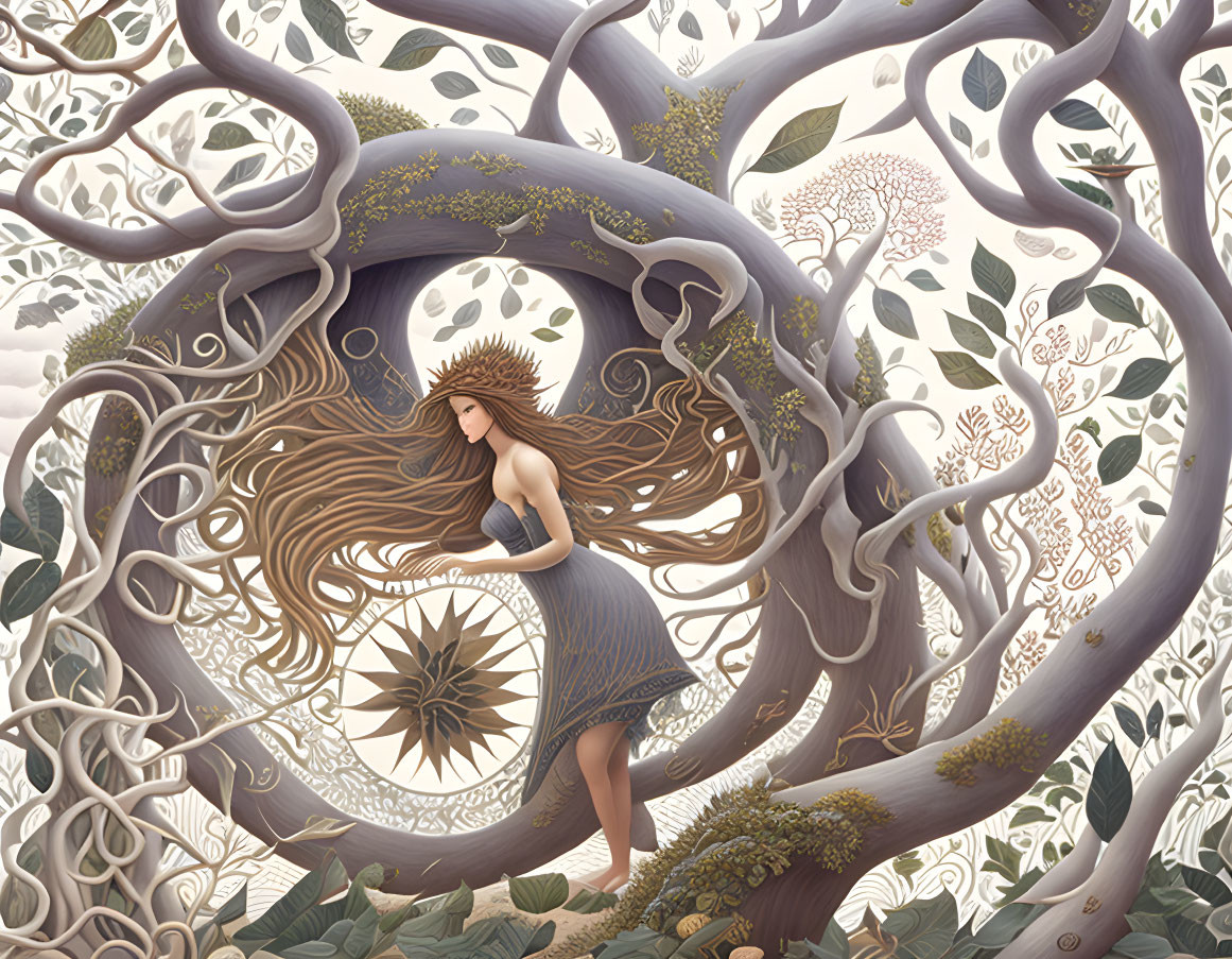 Woman merging with tree branches in surreal forest scene