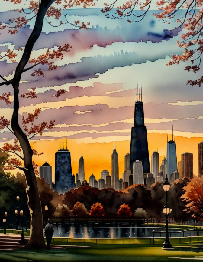 City skyline watercolor painting at sunset with skyscrapers, autumn trees, lake, and clouds.