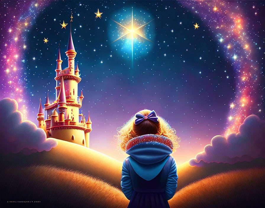 Young girl with bow in hair in front of fantastical castle under starry sky