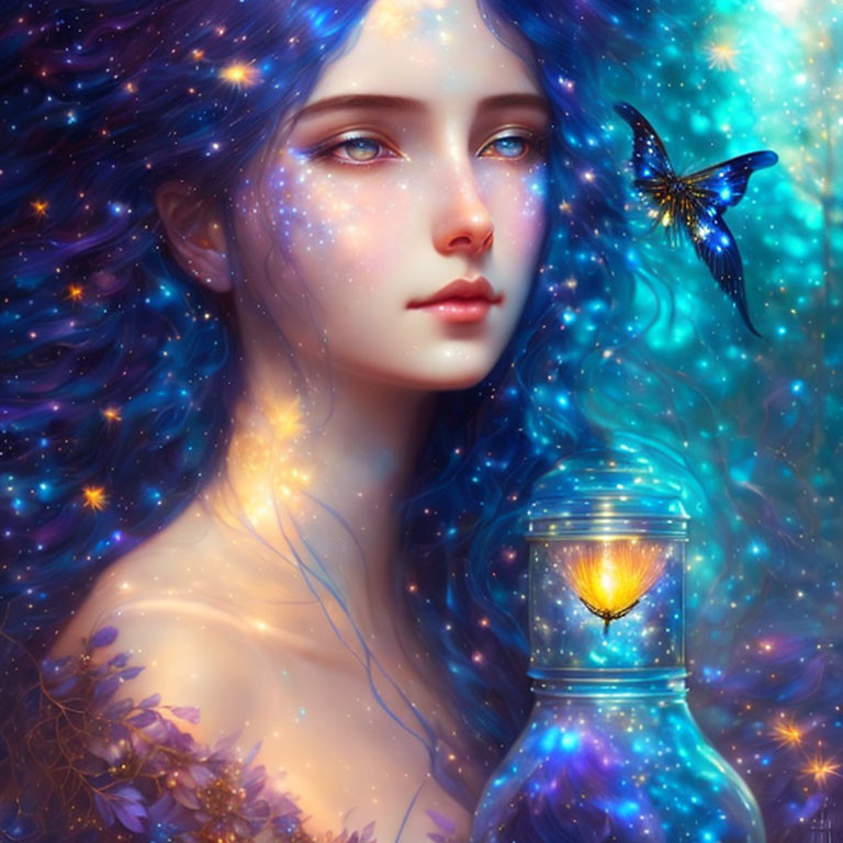 Fantastical portrait of woman with blue starry hair and glowing lantern.