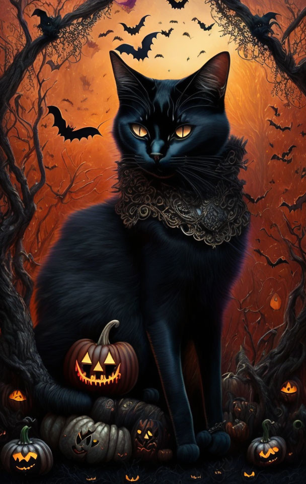 Black Cat with Glowing Eyes in Halloween Scene with Pumpkins, Moon, and Bats