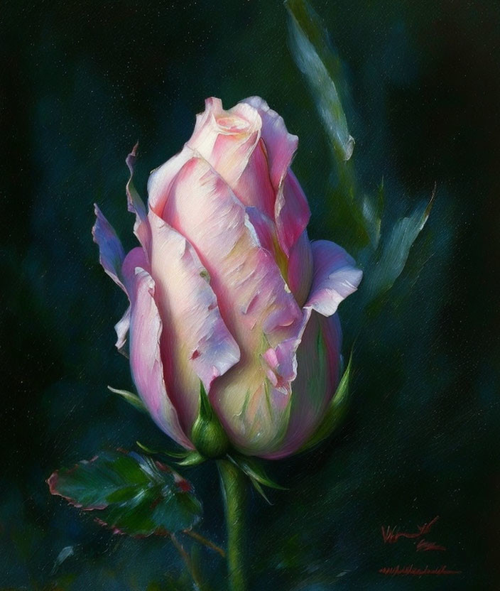 Delicate Pink Rosebud Oil Painting on Dark Textured Background