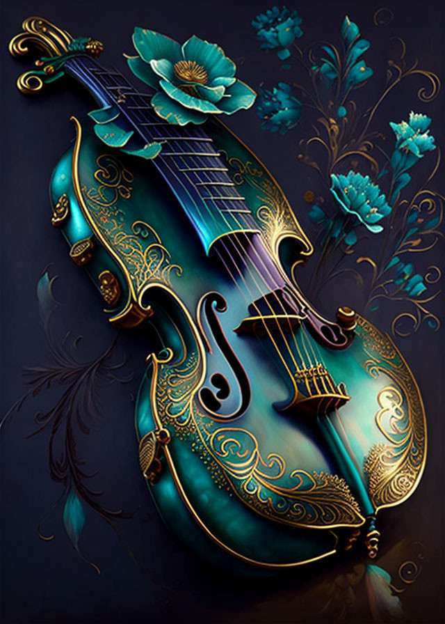 Decorated Violin with Golden Floral Patterns on Dark Background