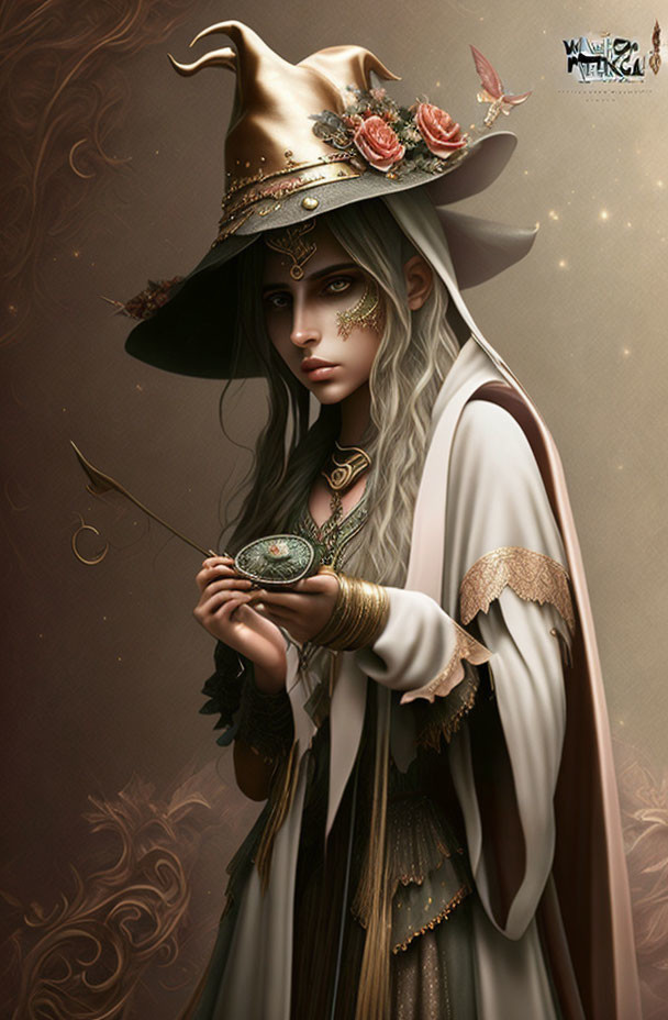 Fantasy sorceress with grey hair and magical compass in ornate hat.