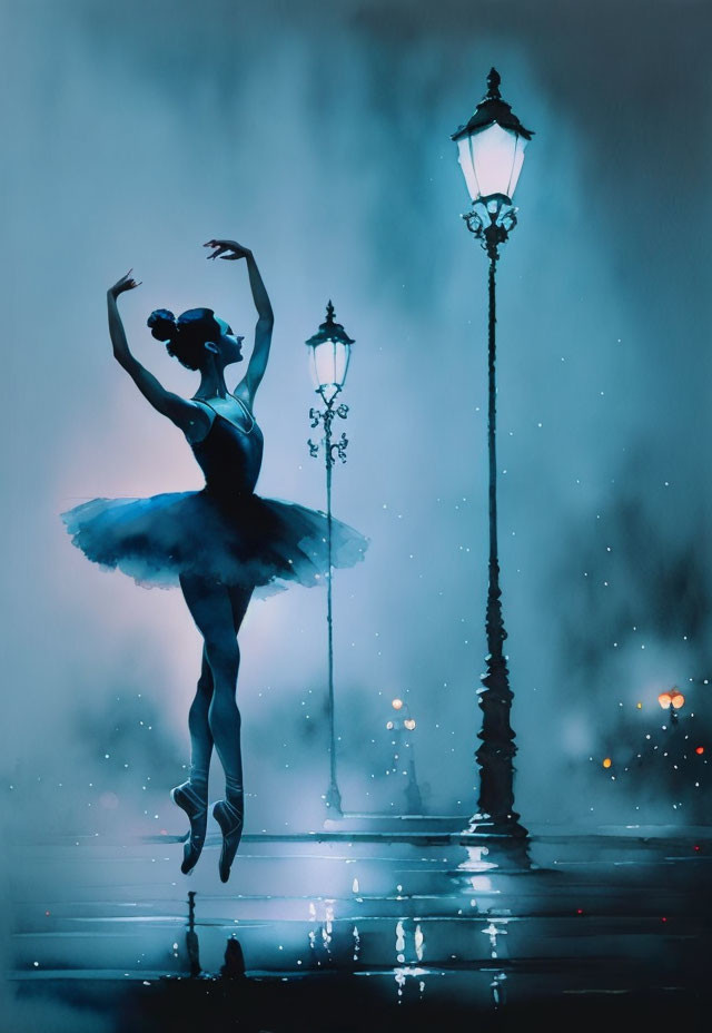 Ballerina in tutu on wet surface with streetlamp at night