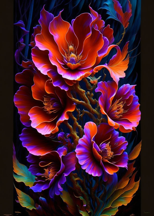 Colorful digital artwork of blooming flowers on dark background - red-orange petals, purplish-blue