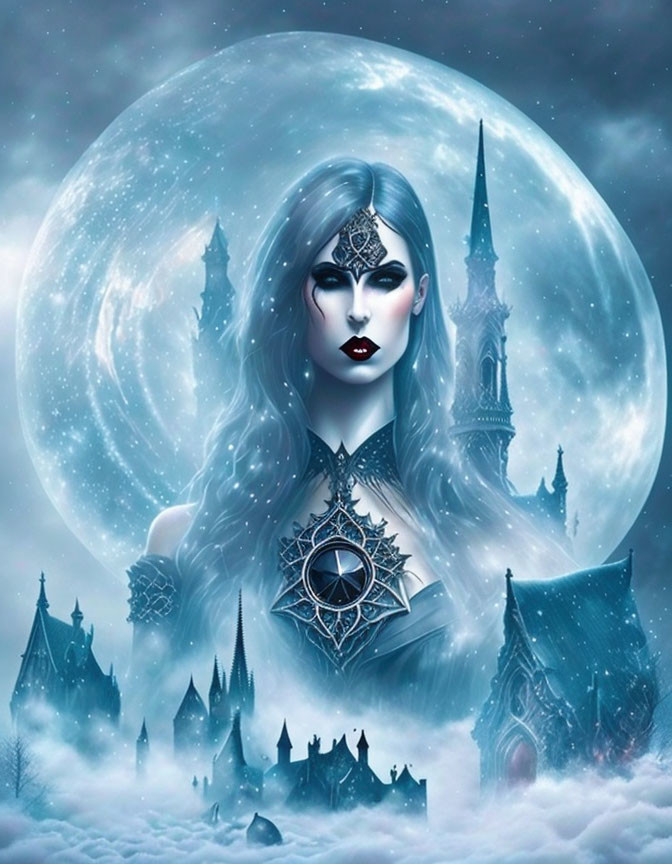 Pale-skinned female figure with silver hair in gothic moonlit scene