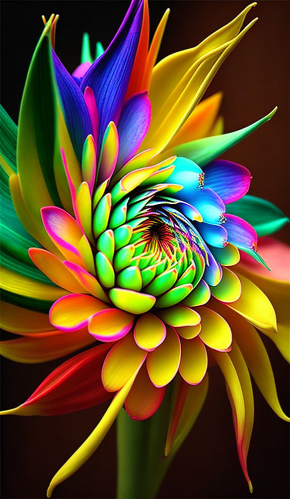 Colorful Digitally Enhanced Flower with Overlapping Petals in Yellow, Blue, Red, and Green