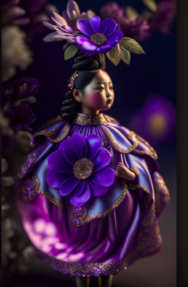 Illustrated figure in vibrant purple traditional dress with floral accents against dark floral backdrop