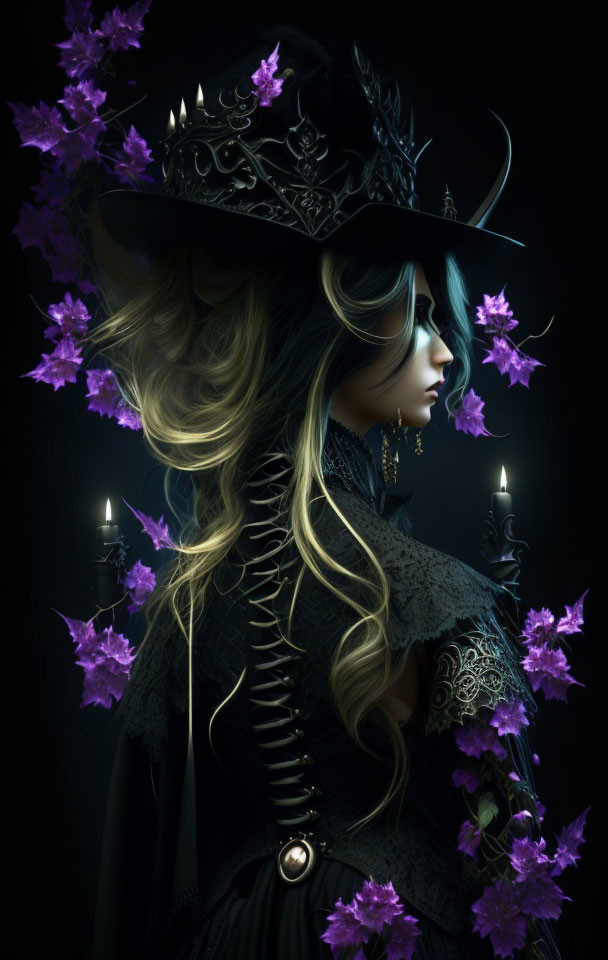 Mysterious Figure in Black Victorian Outfit Among Purple Flowers