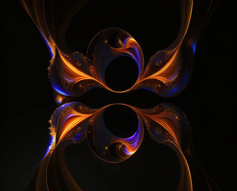 Symmetrical fiery swirls with blue accents on black background