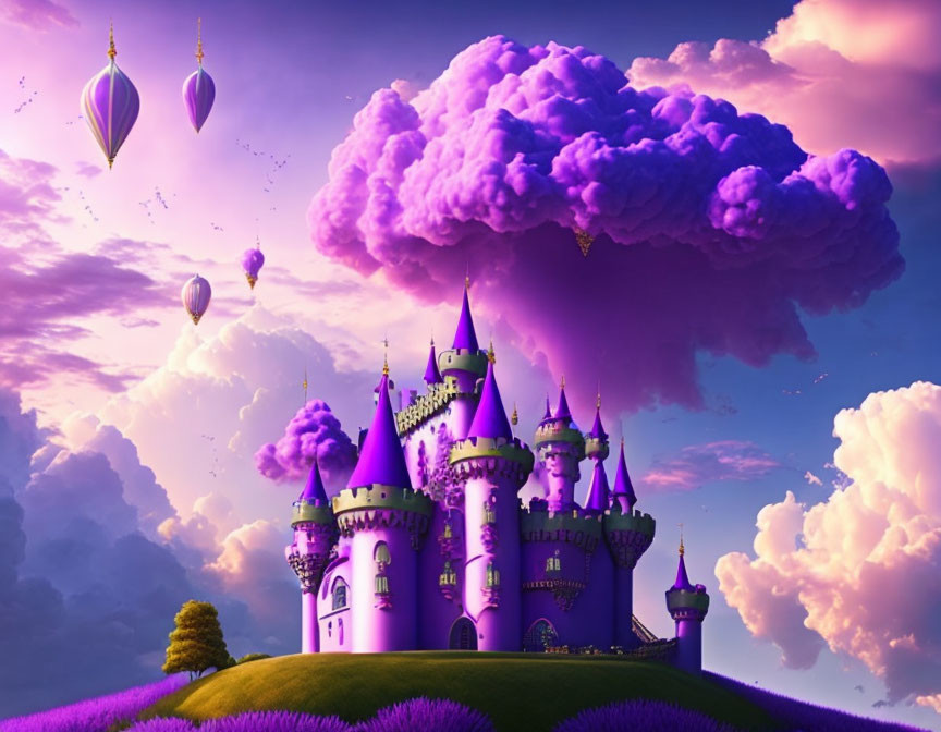 Purple castle with turrets on green hill under vivid sky