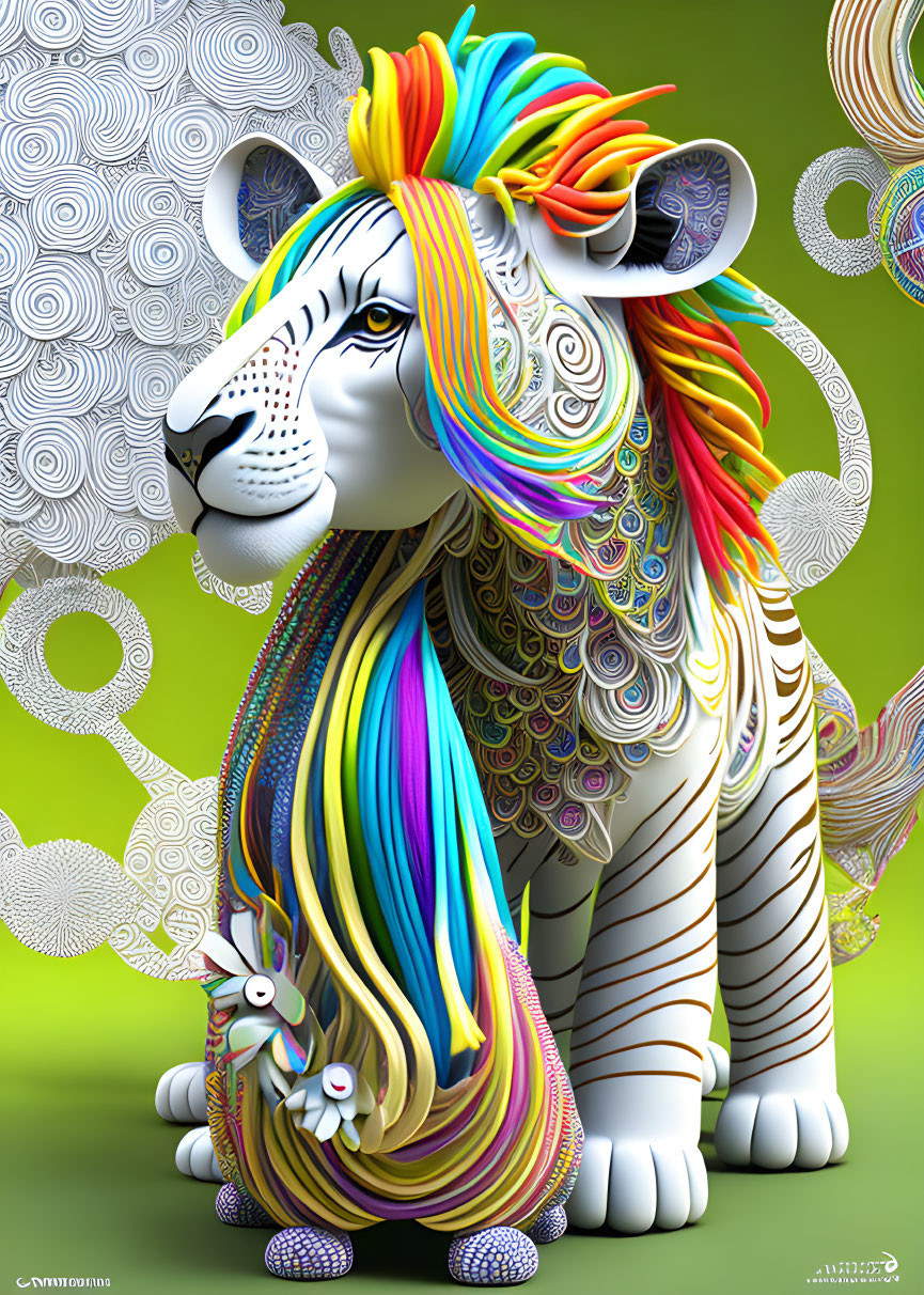 Colorful 3D White Lion with Multicolored Mane on Green Background