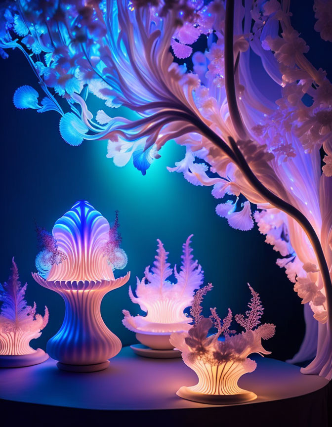 Glowing illuminated sculptures of marine life and trees against a blue backdrop