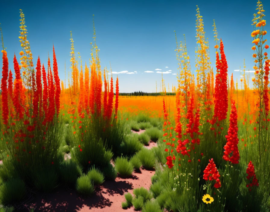 Bright red and orange flowers in lush field under clear blue sky