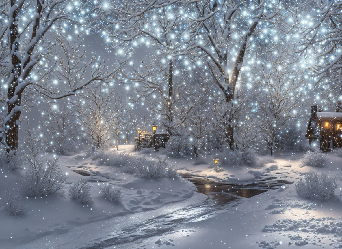 Snow-covered trees and street lamps in a magical winter night.