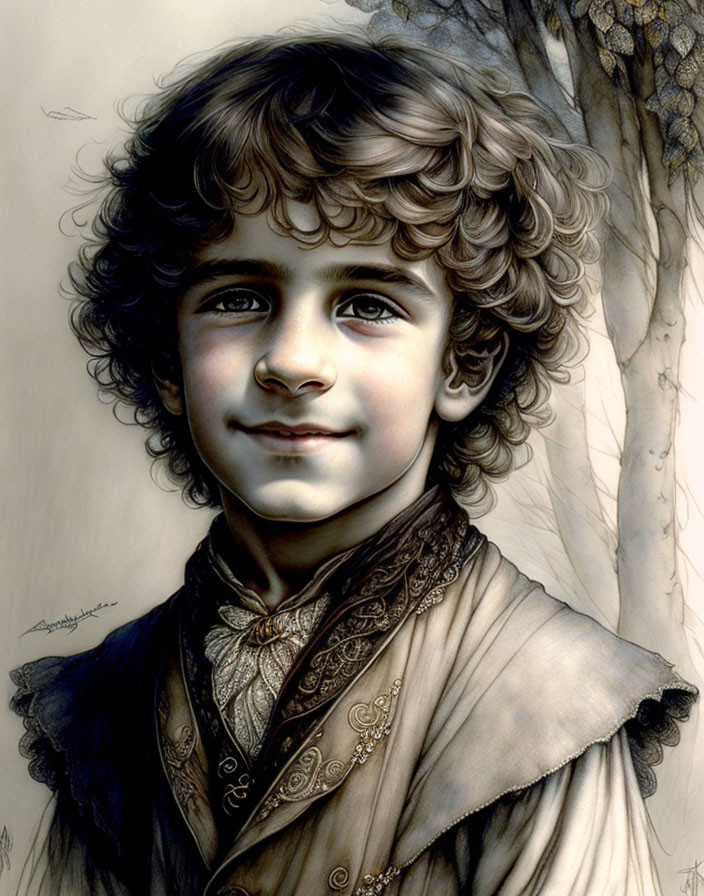 Young boy with curly hair and vintage attire, smiling in front of a tree.