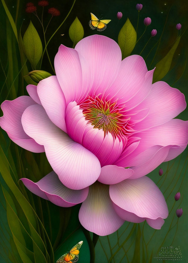 Detailed digital artwork: Large pink flower with delicate petals and butterflies on dark green background