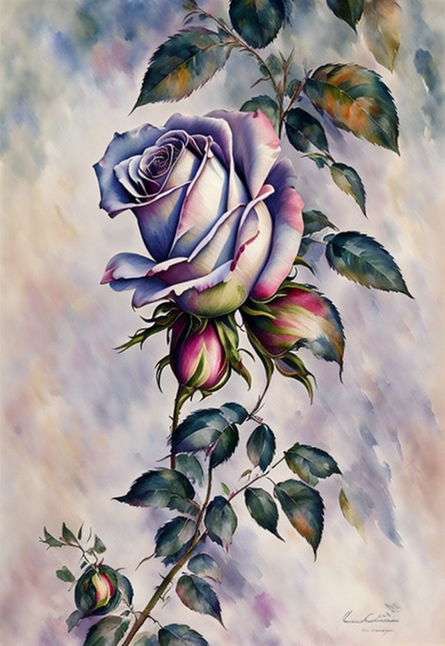 Detailed painting of delicate rose in purple and pink hues