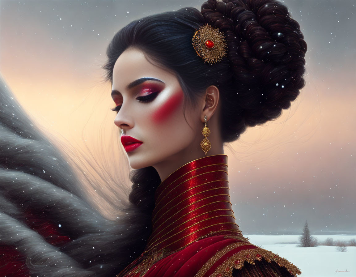 Digital artwork of woman with ornate hair & striking makeup in red, gold outfit against snowy landscape